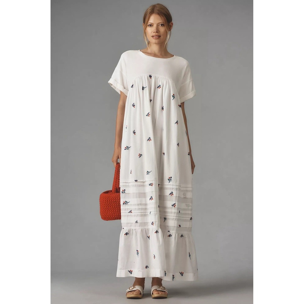 Pilcro Short Sleeve White Embroidered T-Shirt Maxi/Midi Dress S Anthropologie - Picture 1 of 16